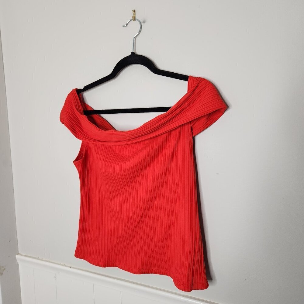 MADEWELL Solid Red Ribbed Off the Shoulder Top